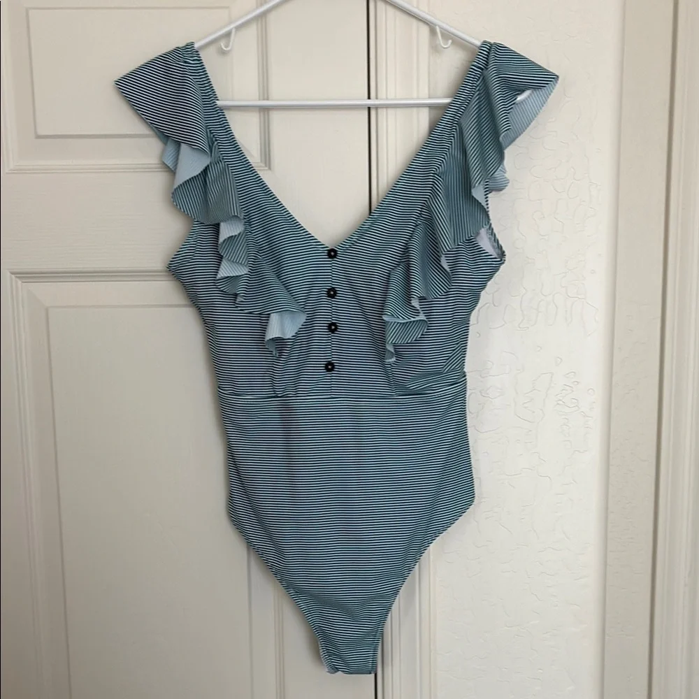Blue Ruffled Bodysuit One Piece. L